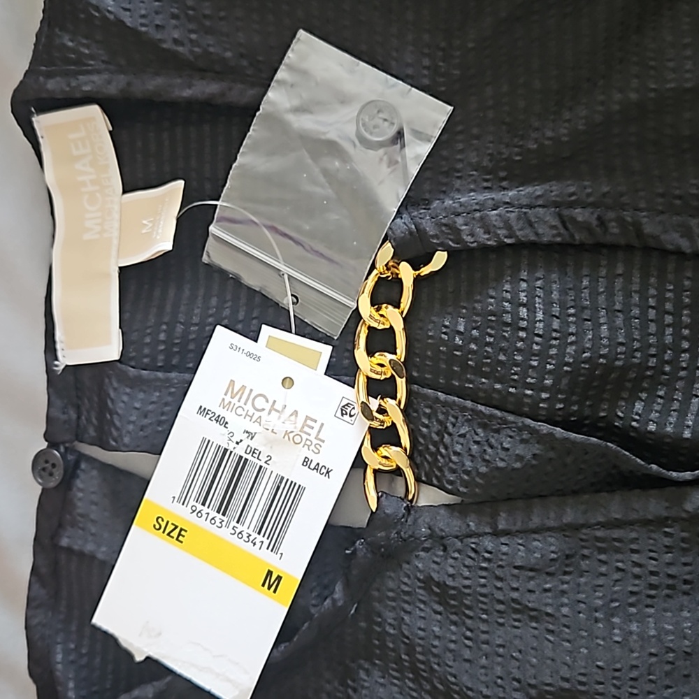 Michael Kors,NWT, Satin Ruffled Black Top with Gold Chain,Medium - Picture 3 of 9